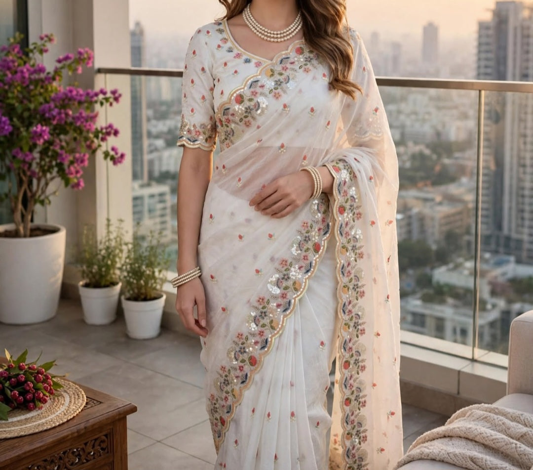 Soft Crush Silk Fabric with multi colored embroidery work